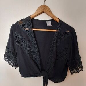 Black Crochet Lace Tie Front Cropped Top Gauze Med 7-9 Boho Festival Whimsigoth